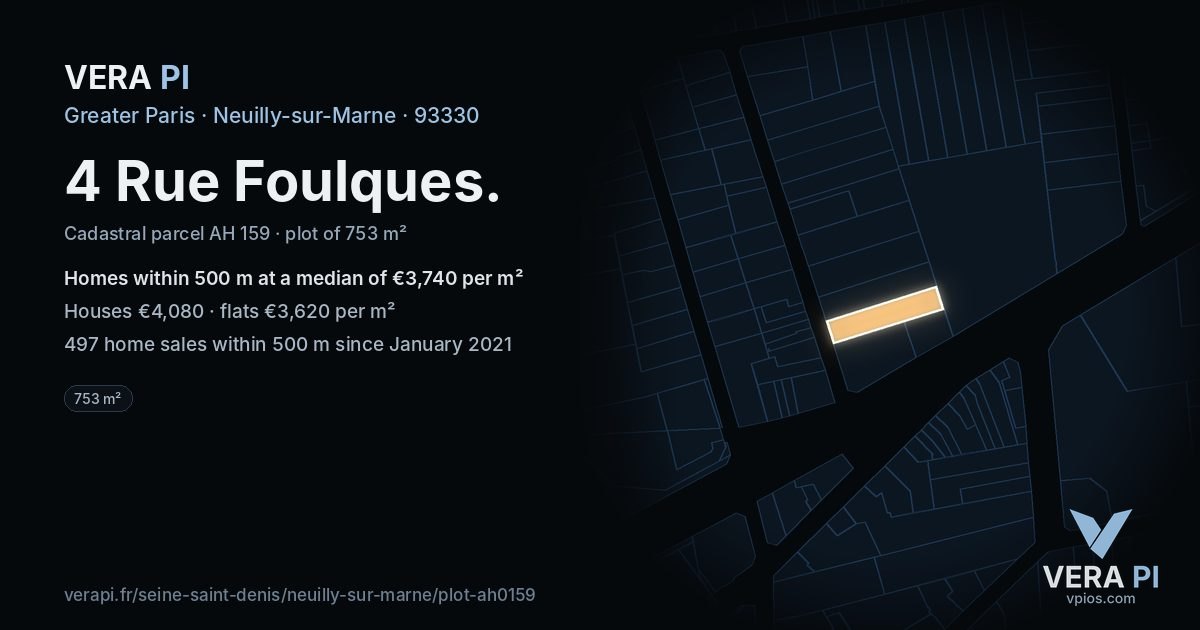 4 Rue Foulques, Neuilly-sur-Marne at night – the plot lit, the parcels around coloured by the prices near them