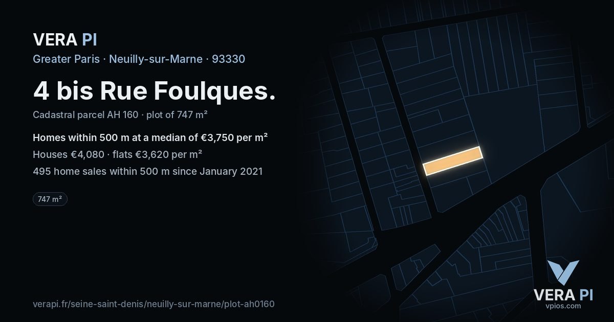 4 bis Rue Foulques, Neuilly-sur-Marne at night – the plot lit, the parcels around coloured by the prices near them
