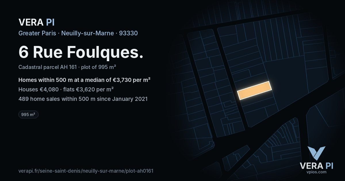 6 Rue Foulques, Neuilly-sur-Marne at night – the plot lit, the parcels around coloured by the prices near them