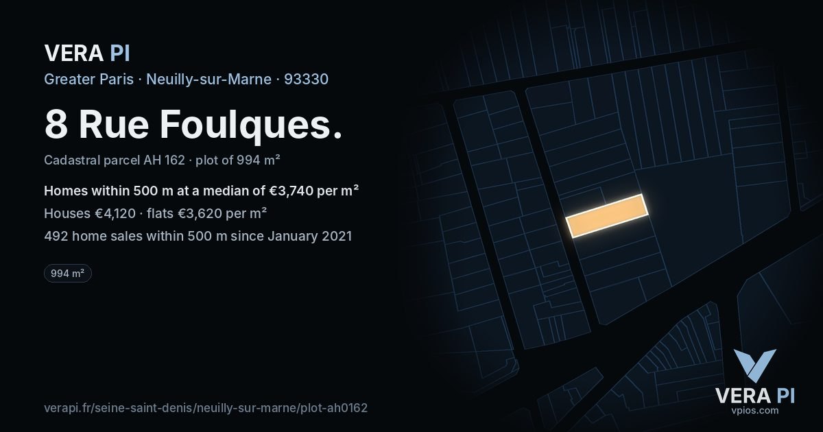 8 Rue Foulques, Neuilly-sur-Marne at night – the plot lit, the parcels around coloured by the prices near them