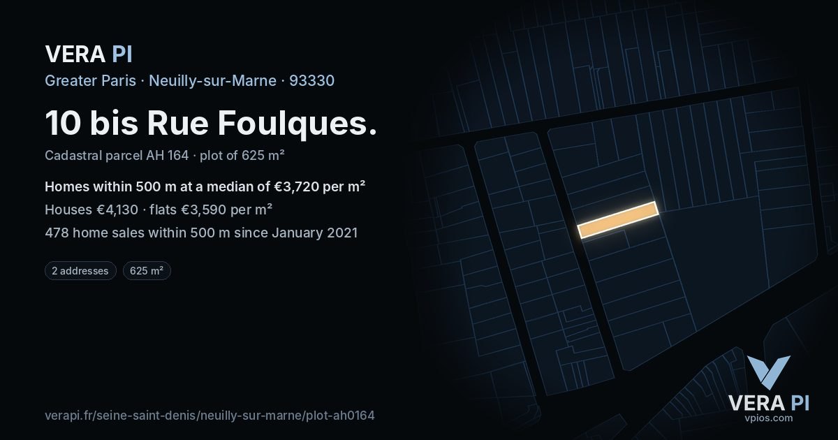 10 bis Rue Foulques, Neuilly-sur-Marne at night – the plot lit, the parcels around coloured by the prices near them