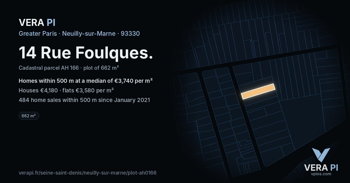 14 Rue Foulques, Neuilly-sur-Marne at night – the plot lit, the parcels around coloured by the prices near them