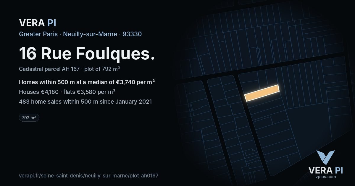 16 Rue Foulques, Neuilly-sur-Marne at night – the plot lit, the parcels around coloured by the prices near them