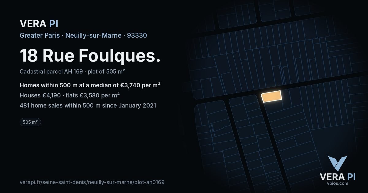 18 Rue Foulques, Neuilly-sur-Marne at night – the plot lit, the parcels around coloured by the prices near them