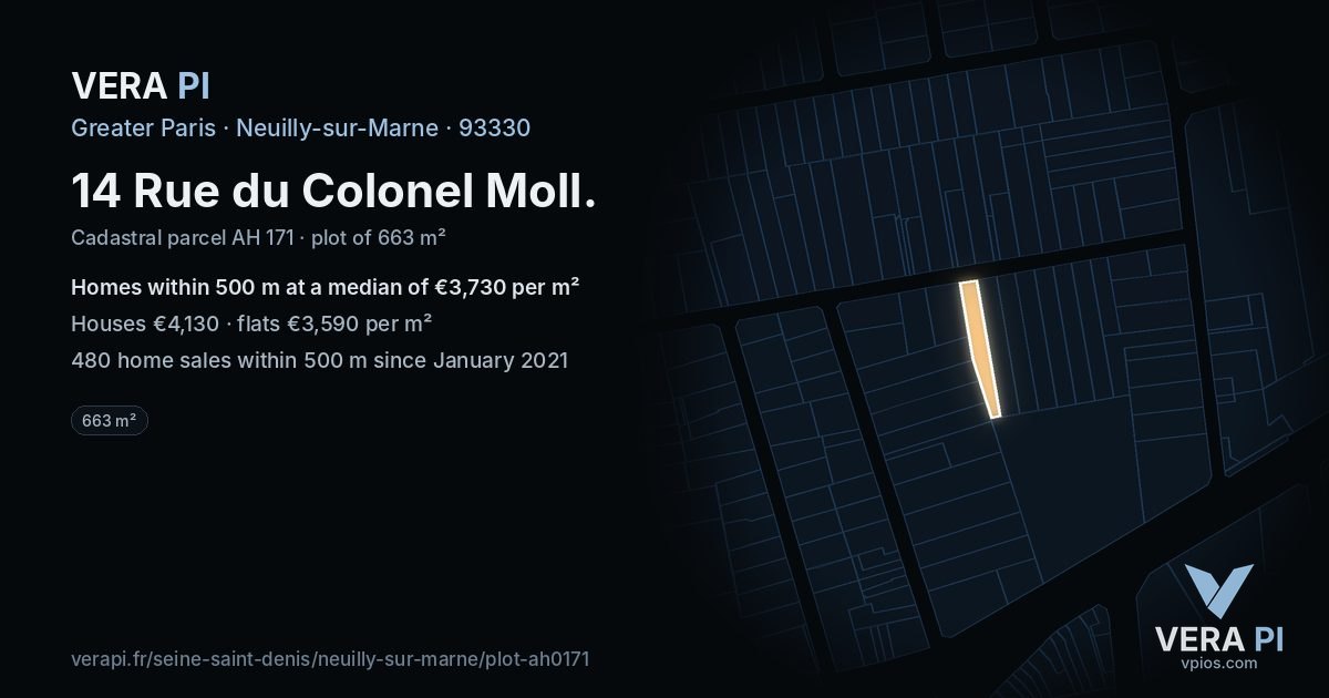 14 Rue du Colonel Moll, Neuilly-sur-Marne at night – the plot lit, the parcels around coloured by the prices near them