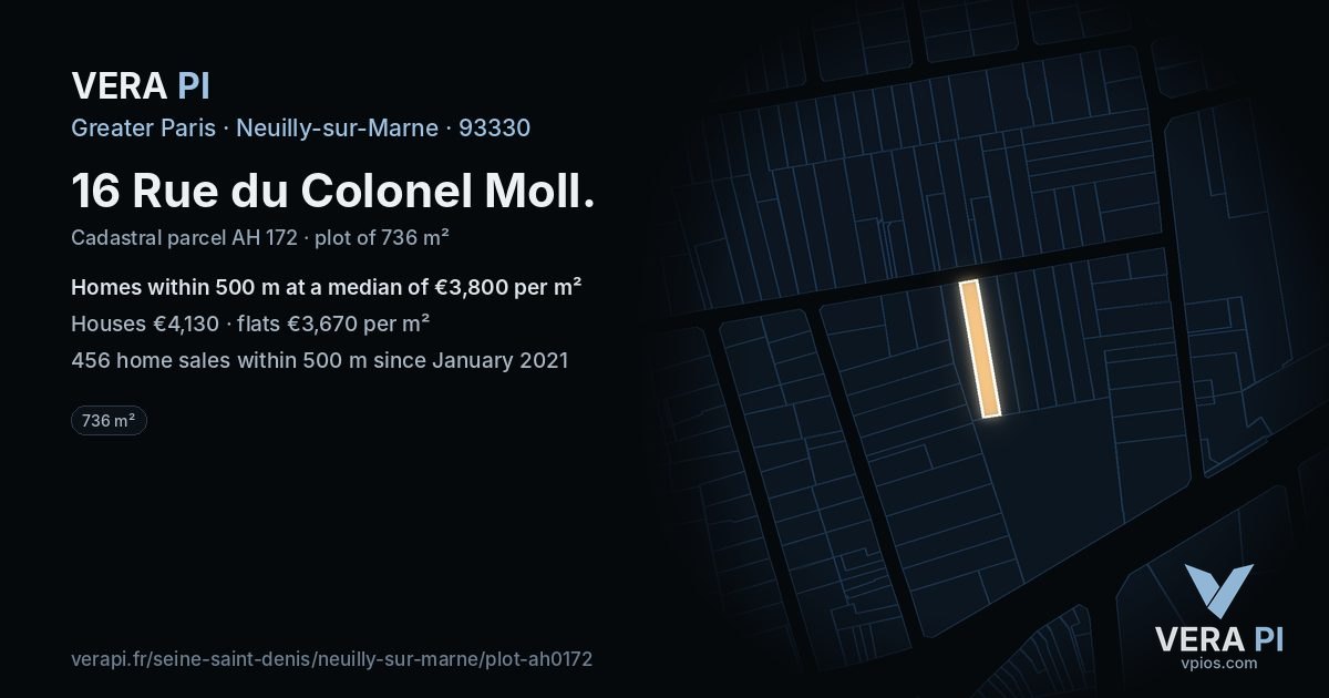16 Rue du Colonel Moll, Neuilly-sur-Marne at night – the plot lit, the parcels around coloured by the prices near them