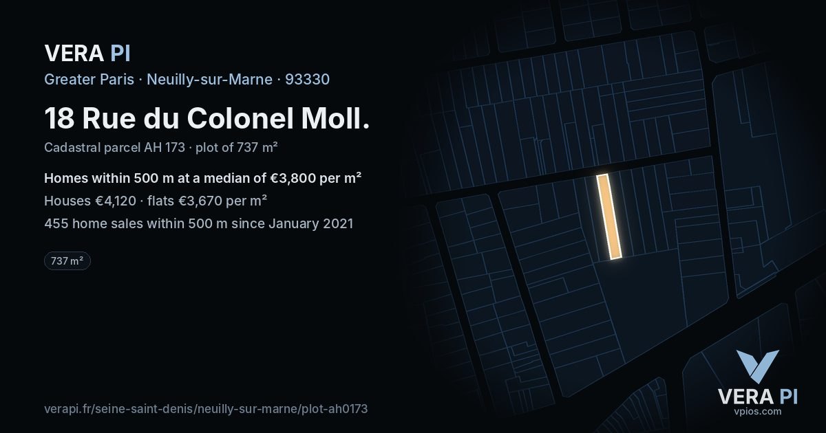 18 Rue du Colonel Moll, Neuilly-sur-Marne at night – the plot lit, the parcels around coloured by the prices near them