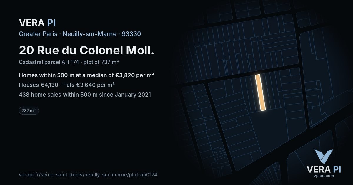 20 Rue du Colonel Moll, Neuilly-sur-Marne at night – the plot lit, the parcels around coloured by the prices near them