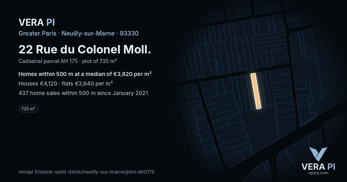 22 Rue du Colonel Moll, Neuilly-sur-Marne at night – the plot lit, the parcels around coloured by the prices near them