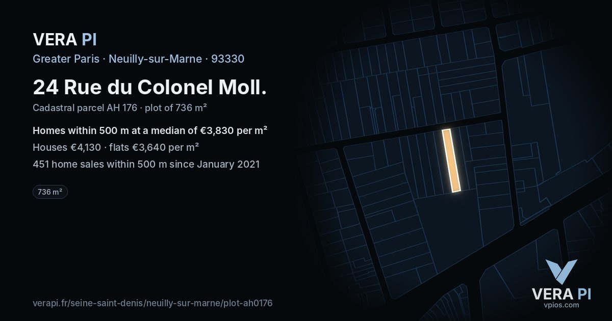 24 Rue du Colonel Moll, Neuilly-sur-Marne at night – the plot lit, the parcels around coloured by the prices near them