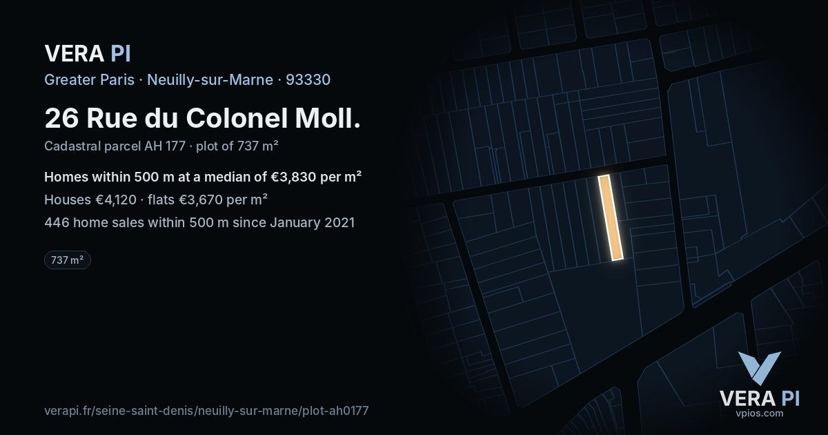 26 Rue du Colonel Moll, Neuilly-sur-Marne at night – the plot lit, the parcels around coloured by the prices near them