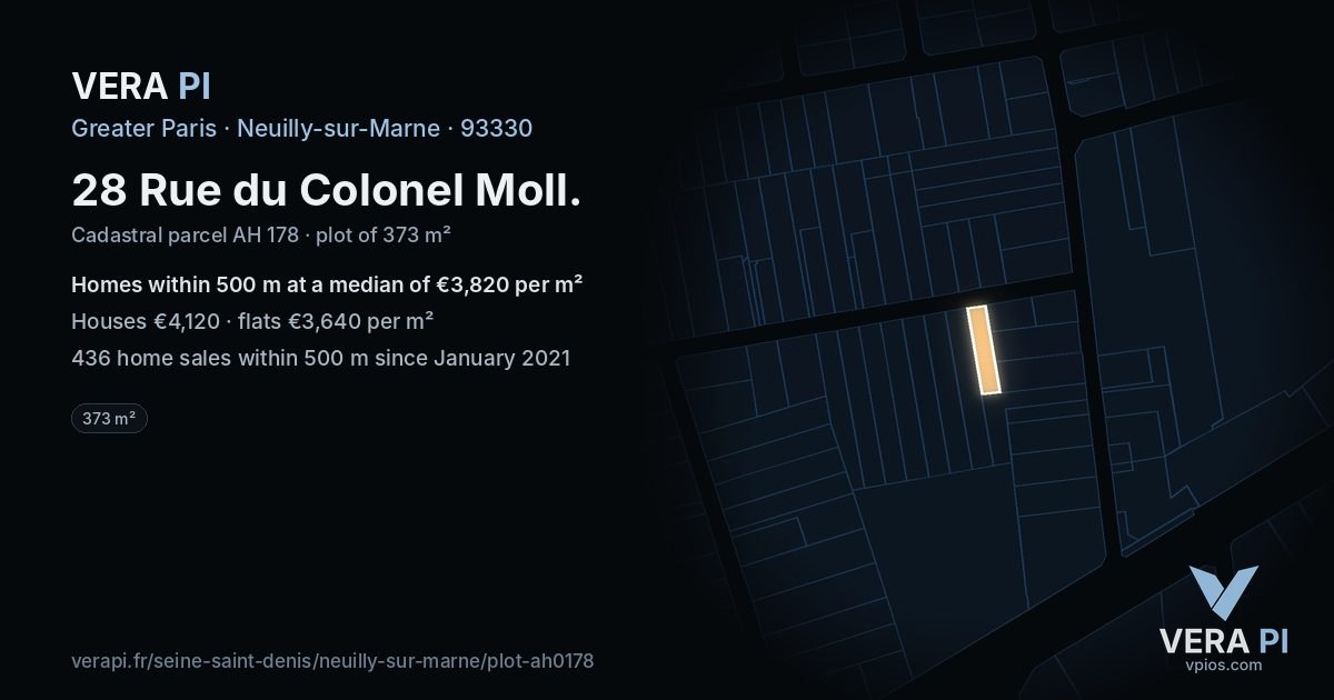 28 Rue du Colonel Moll, Neuilly-sur-Marne at night – the plot lit, the parcels around coloured by the prices near them