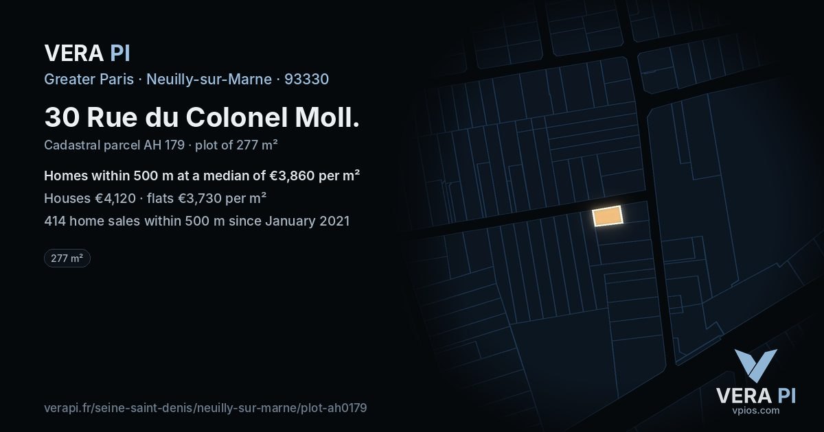30 Rue du Colonel Moll, Neuilly-sur-Marne at night – the plot lit, the parcels around coloured by the prices near them