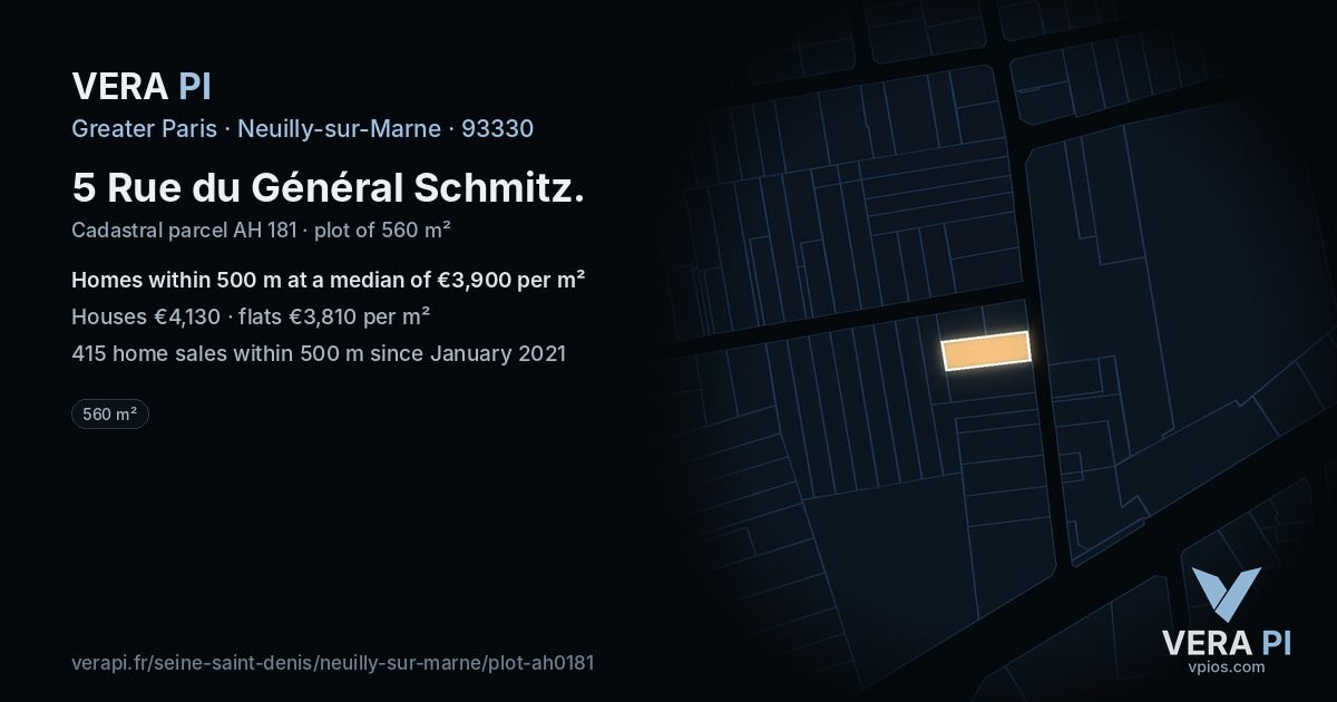 5 Rue du Général Schmitz, Neuilly-sur-Marne at night – the plot lit, the parcels around coloured by the prices near them