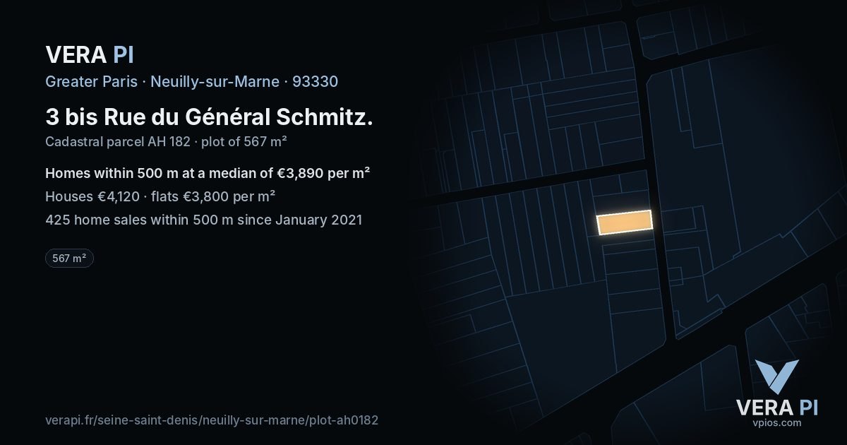 3 bis Rue du Général Schmitz, Neuilly-sur-Marne at night – the plot lit, the parcels around coloured by the prices near them