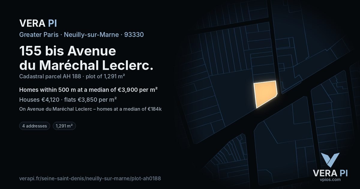 155 bis Avenue du Maréchal Leclerc, Neuilly-sur-Marne at night – the plot lit, the parcels around coloured by the prices near them