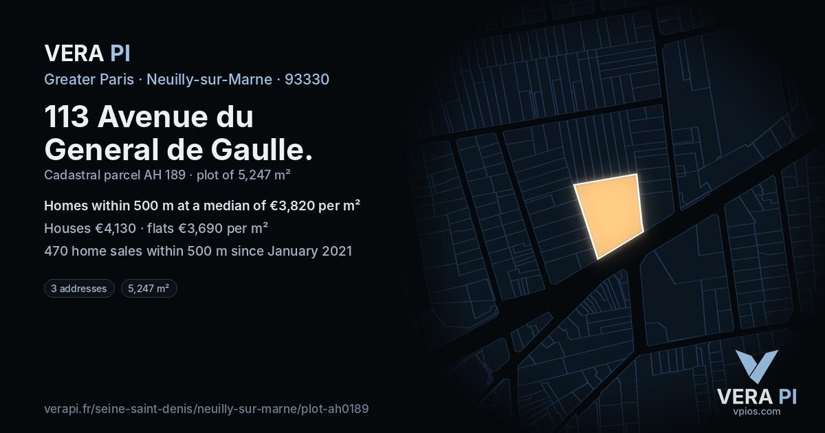 113 Avenue du General de Gaulle, Neuilly-sur-Marne at night – the plot lit, the parcels around coloured by the prices near them