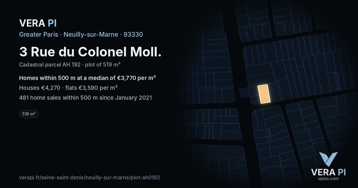 3 Rue du Colonel Moll, Neuilly-sur-Marne at night – the plot lit, the parcels around coloured by the prices near them
