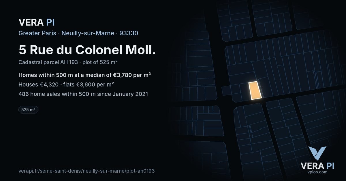 5 Rue du Colonel Moll, Neuilly-sur-Marne at night – the plot lit, the parcels around coloured by the prices near them