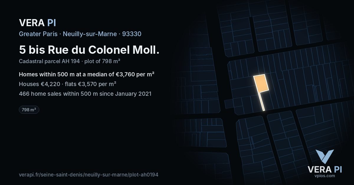 5 bis Rue du Colonel Moll, Neuilly-sur-Marne at night – the plot lit, the parcels around coloured by the prices near them
