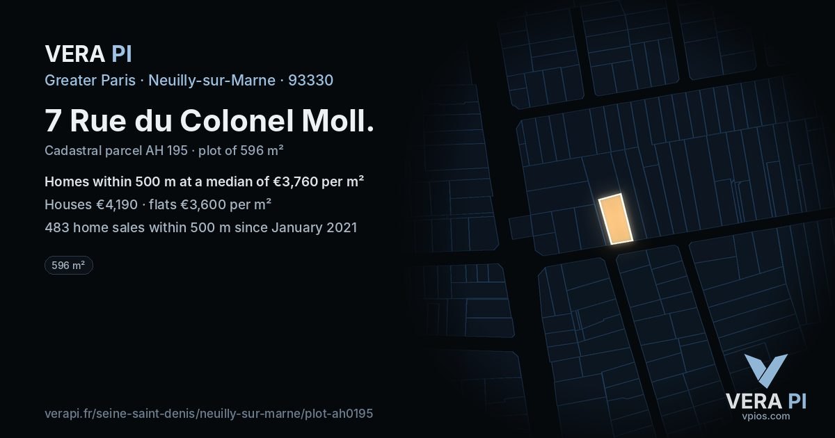 7 Rue du Colonel Moll, Neuilly-sur-Marne at night – the plot lit, the parcels around coloured by the prices near them