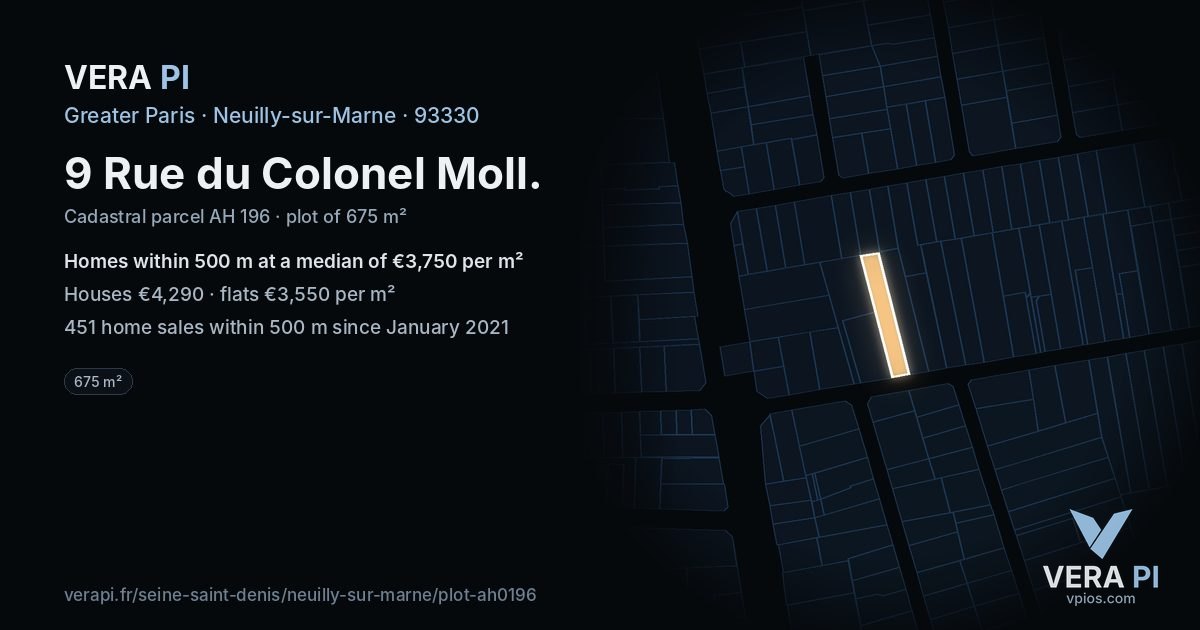 9 Rue du Colonel Moll, Neuilly-sur-Marne at night – the plot lit, the parcels around coloured by the prices near them