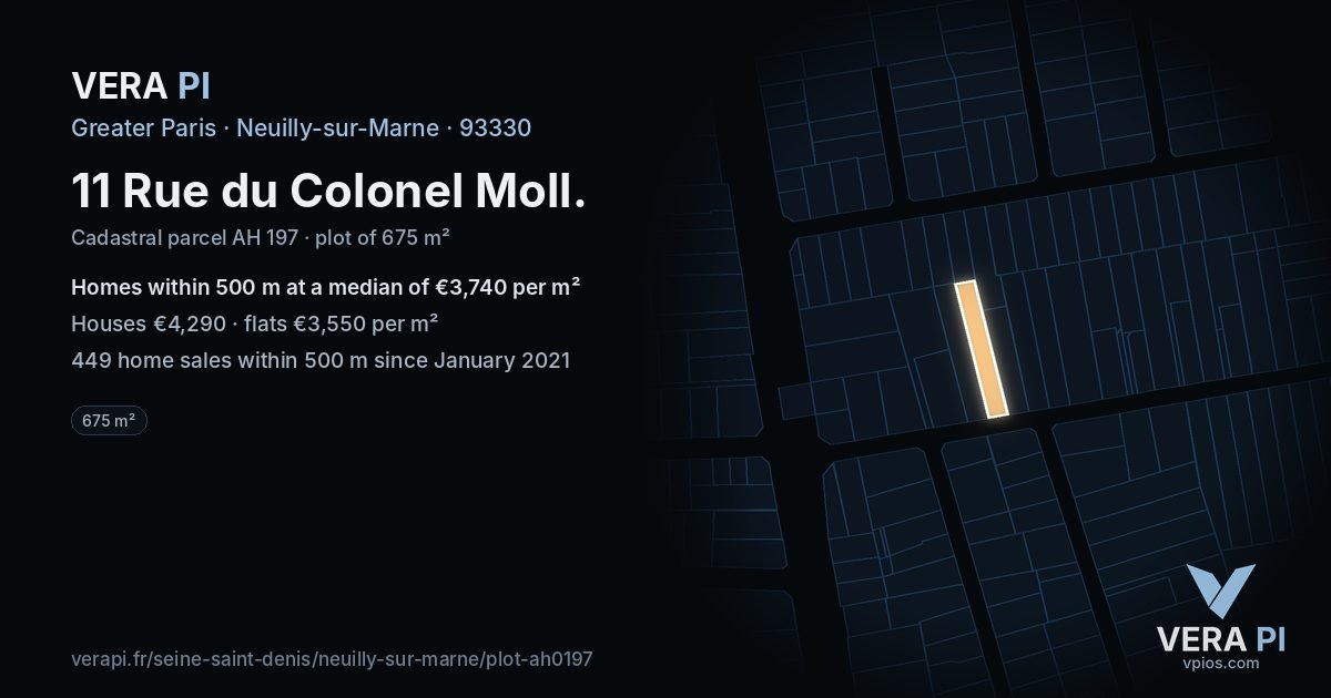 11 Rue du Colonel Moll, Neuilly-sur-Marne at night – the plot lit, the parcels around coloured by the prices near them