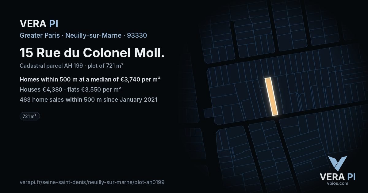 15 Rue du Colonel Moll, Neuilly-sur-Marne at night – the plot lit, the parcels around coloured by the prices near them
