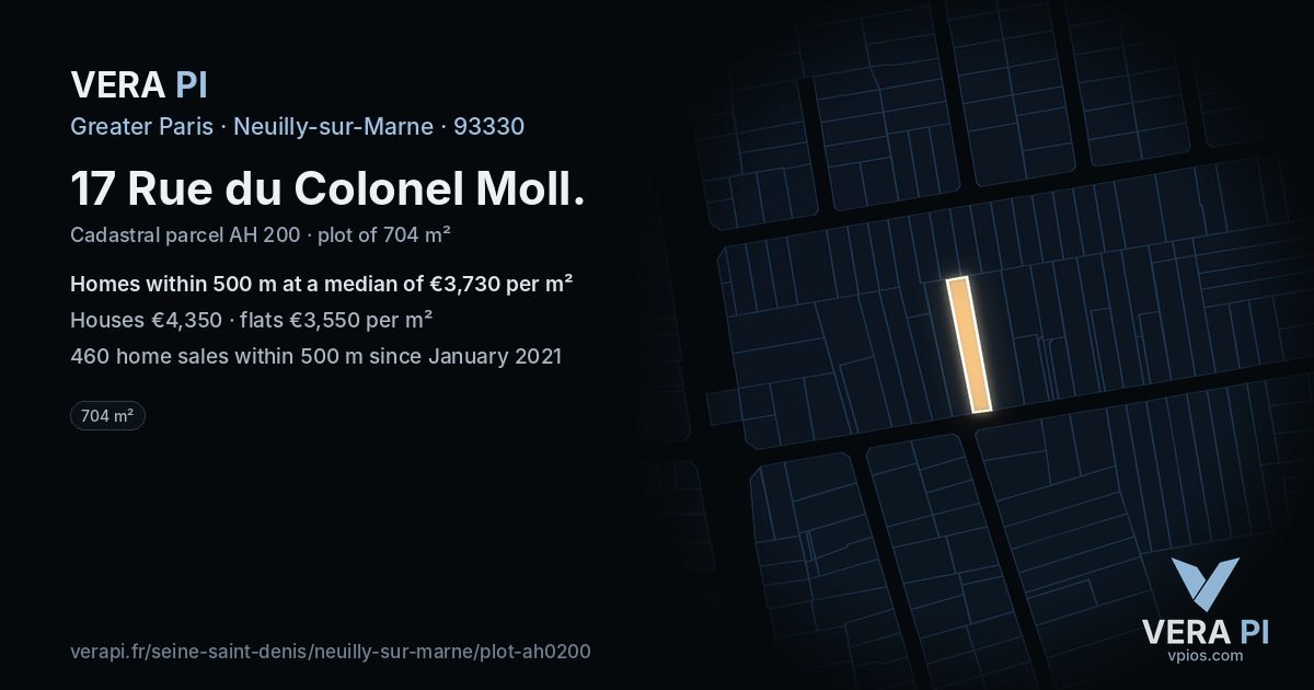 17 Rue du Colonel Moll, Neuilly-sur-Marne at night – the plot lit, the parcels around coloured by the prices near them