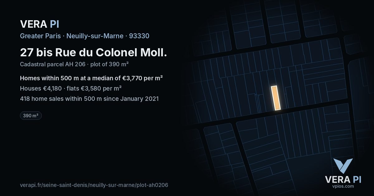 27 bis Rue du Colonel Moll, Neuilly-sur-Marne at night – the plot lit, the parcels around coloured by the prices near them