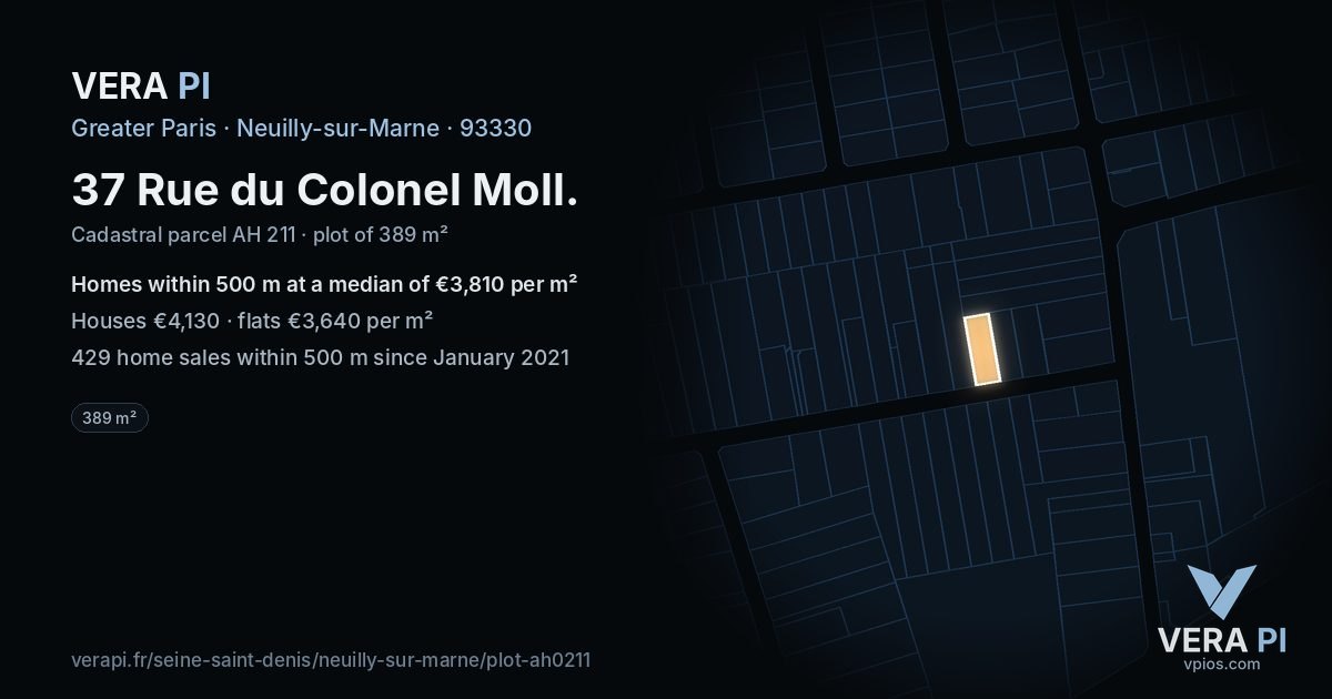 37 Rue du Colonel Moll, Neuilly-sur-Marne at night – the plot lit, the parcels around coloured by the prices near them