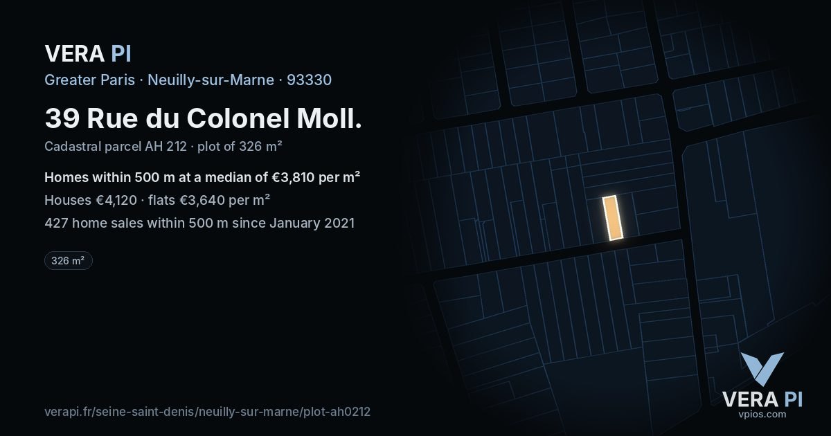 39 Rue du Colonel Moll, Neuilly-sur-Marne at night – the plot lit, the parcels around coloured by the prices near them