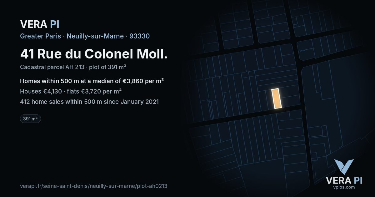 41 Rue du Colonel Moll, Neuilly-sur-Marne at night – the plot lit, the parcels around coloured by the prices near them