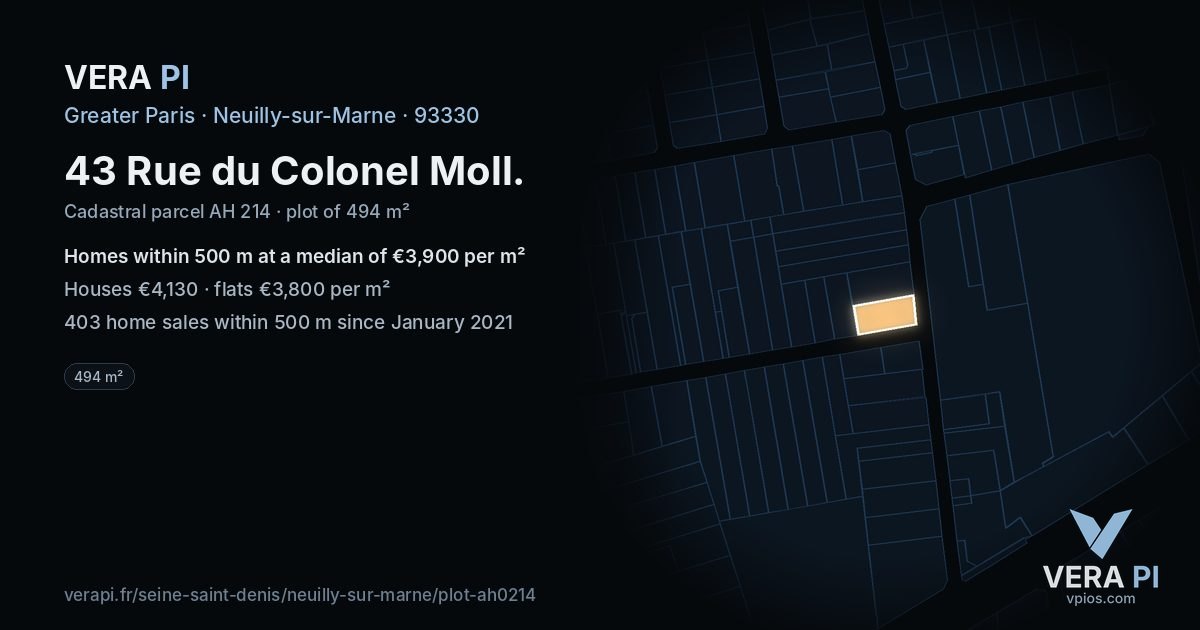 43 Rue du Colonel Moll, Neuilly-sur-Marne at night – the plot lit, the parcels around coloured by the prices near them
