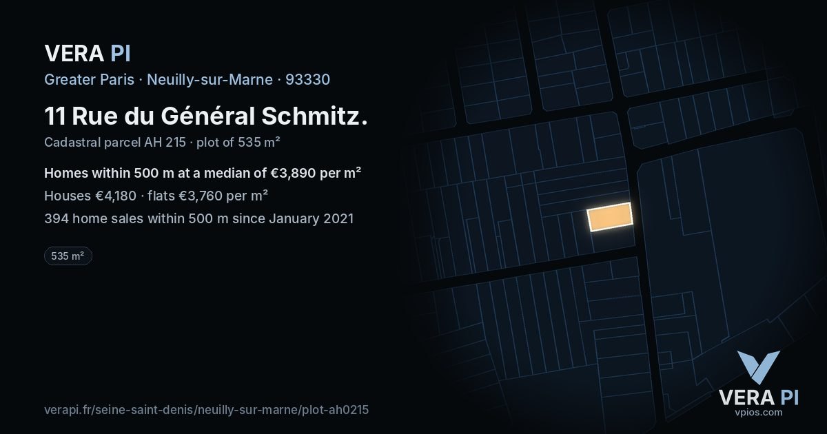 11 Rue du Général Schmitz, Neuilly-sur-Marne at night – the plot lit, the parcels around coloured by the prices near them