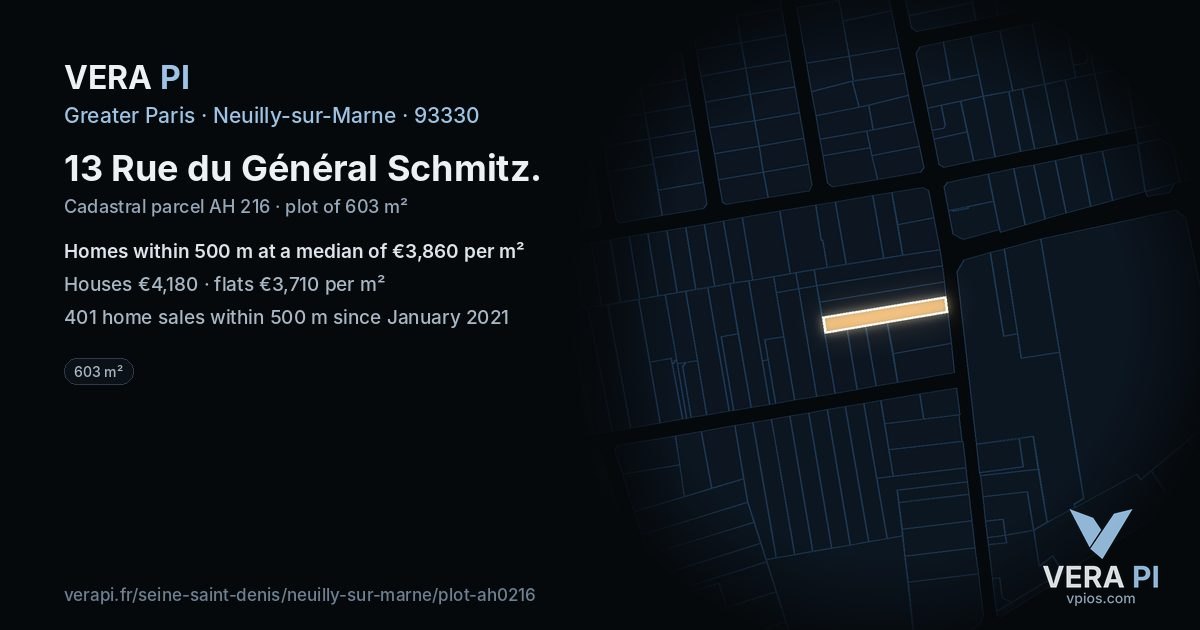 13 Rue du Général Schmitz, Neuilly-sur-Marne at night – the plot lit, the parcels around coloured by the prices near them