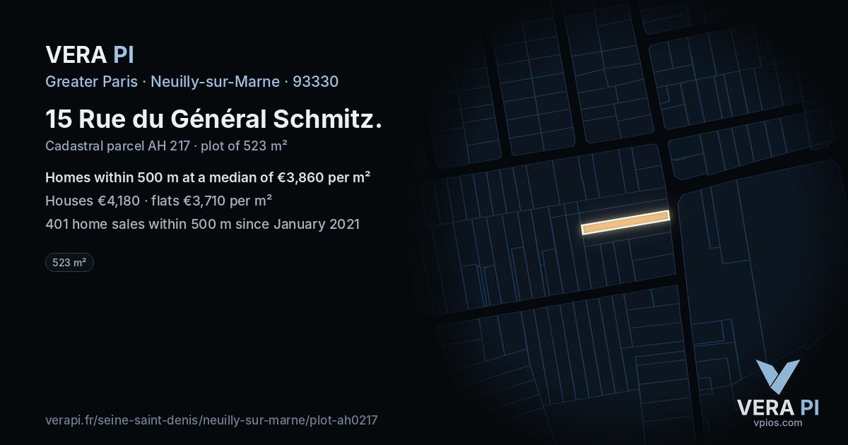 15 Rue du Général Schmitz, Neuilly-sur-Marne at night – the plot lit, the parcels around coloured by the prices near them