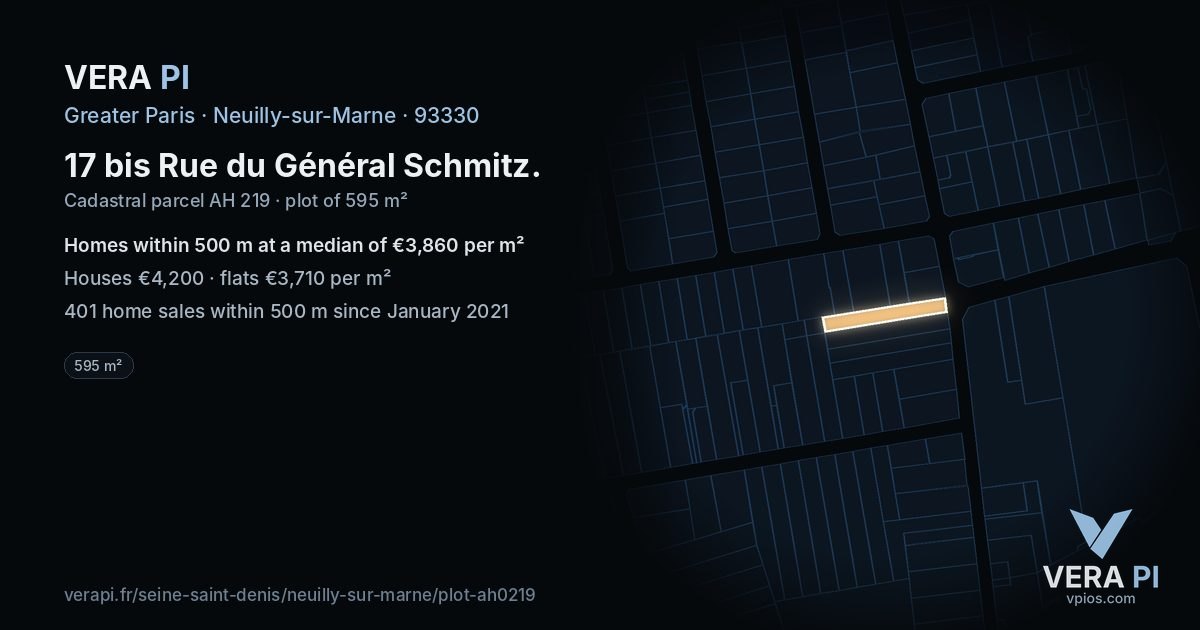 17 bis Rue du Général Schmitz, Neuilly-sur-Marne at night – the plot lit, the parcels around coloured by the prices near them
