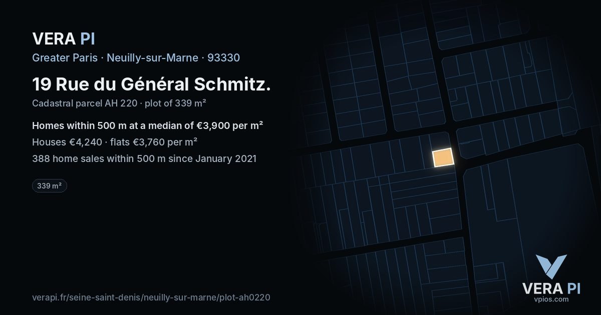 19 Rue du Général Schmitz, Neuilly-sur-Marne at night – the plot lit, the parcels around coloured by the prices near them