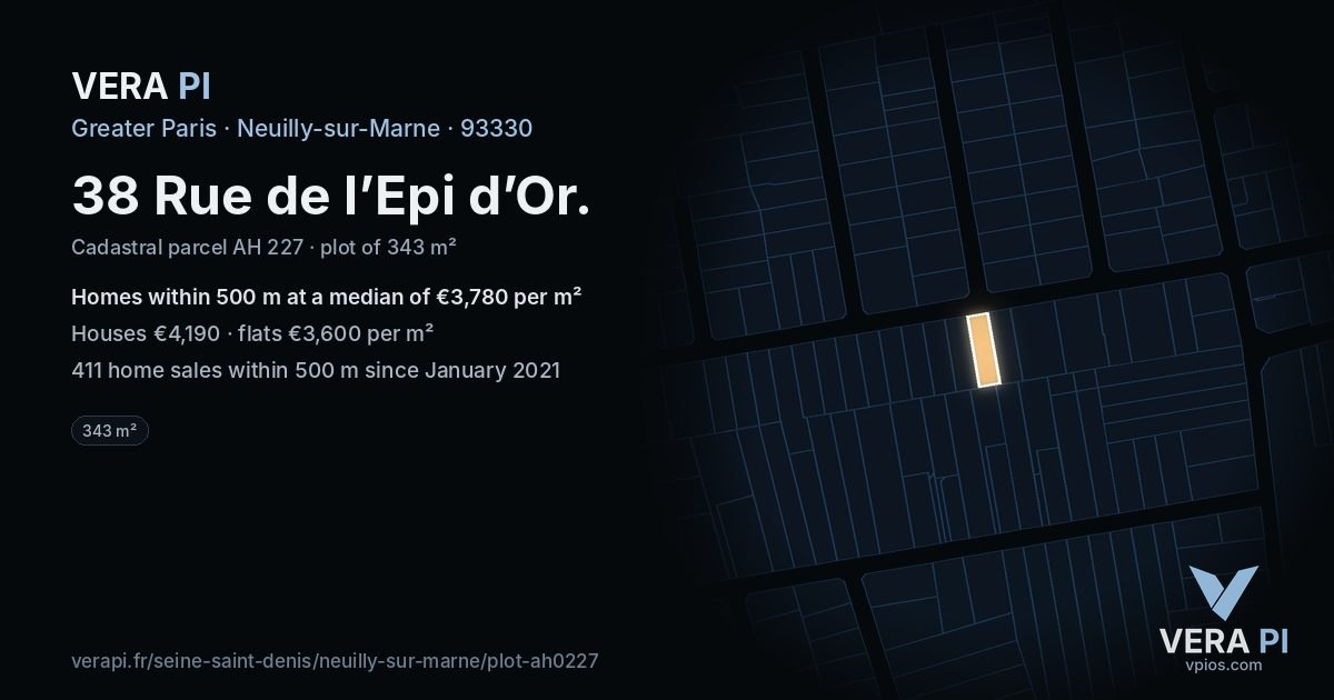 38 Rue de l’Epi d’Or, Neuilly-sur-Marne at night – the plot lit, the parcels around coloured by the prices near them