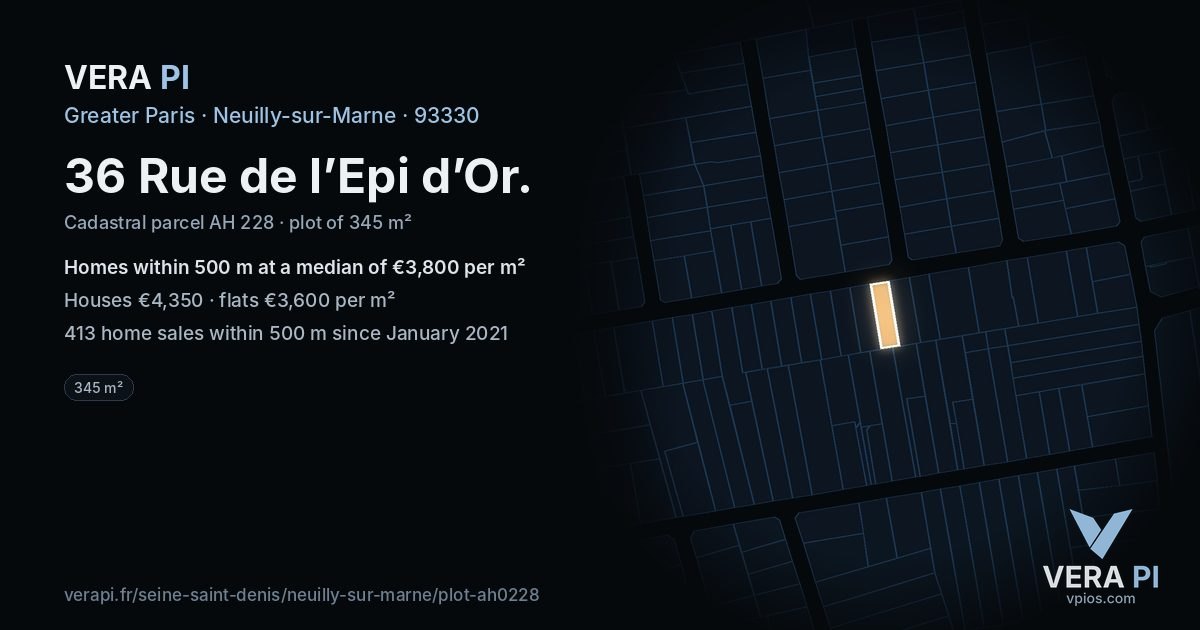 36 Rue de l’Epi d’Or, Neuilly-sur-Marne at night – the plot lit, the parcels around coloured by the prices near them