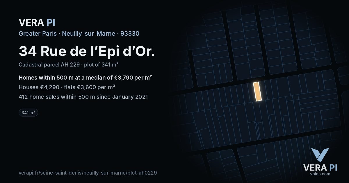 34 Rue de l’Epi d’Or, Neuilly-sur-Marne at night – the plot lit, the parcels around coloured by the prices near them