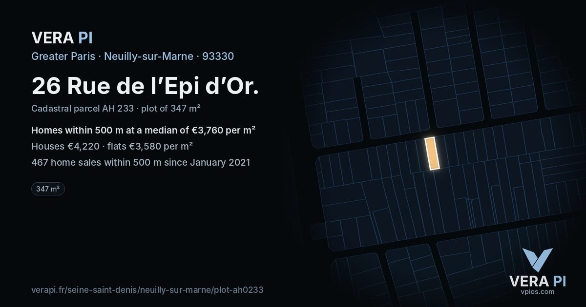 26 Rue de l’Epi d’Or, Neuilly-sur-Marne at night – the plot lit, the parcels around coloured by the prices near them