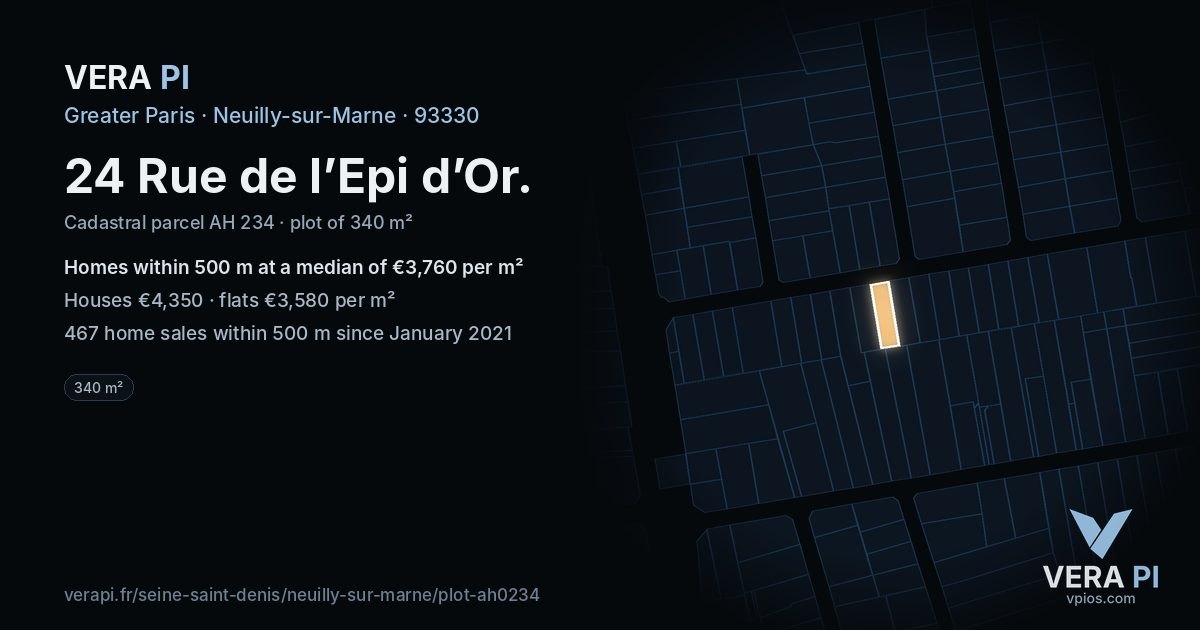 24 Rue de l’Epi d’Or, Neuilly-sur-Marne at night – the plot lit, the parcels around coloured by the prices near them