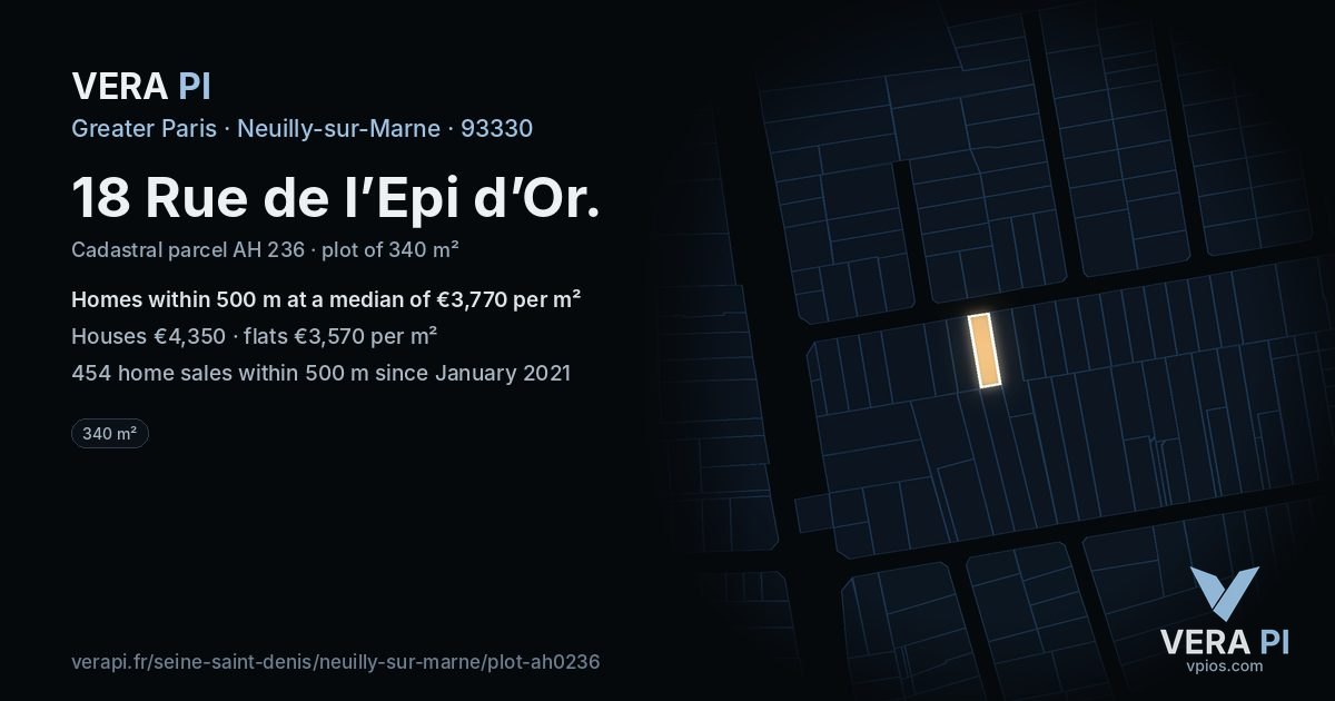 18 Rue de l’Epi d’Or, Neuilly-sur-Marne at night – the plot lit, the parcels around coloured by the prices near them