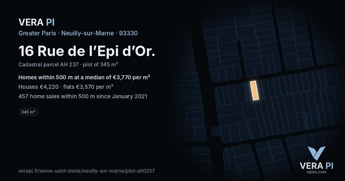 16 Rue de l’Epi d’Or, Neuilly-sur-Marne at night – the plot lit, the parcels around coloured by the prices near them