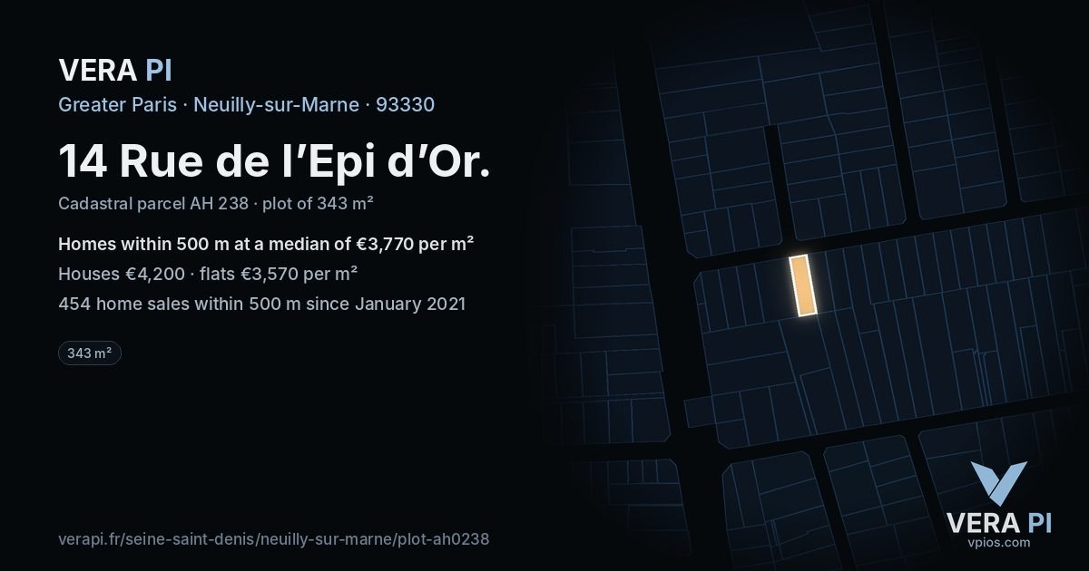 14 Rue de l’Epi d’Or, Neuilly-sur-Marne at night – the plot lit, the parcels around coloured by the prices near them