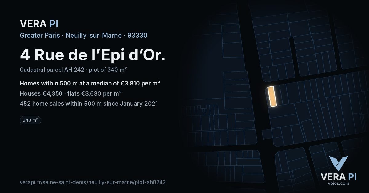 4 Rue de l’Epi d’Or, Neuilly-sur-Marne at night – the plot lit, the parcels around coloured by the prices near them