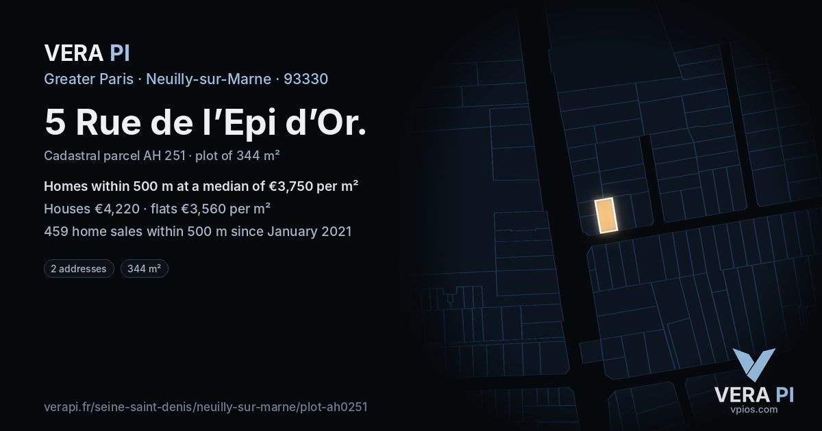5 Rue de l’Epi d’Or, Neuilly-sur-Marne at night – the plot lit, the parcels around coloured by the prices near them