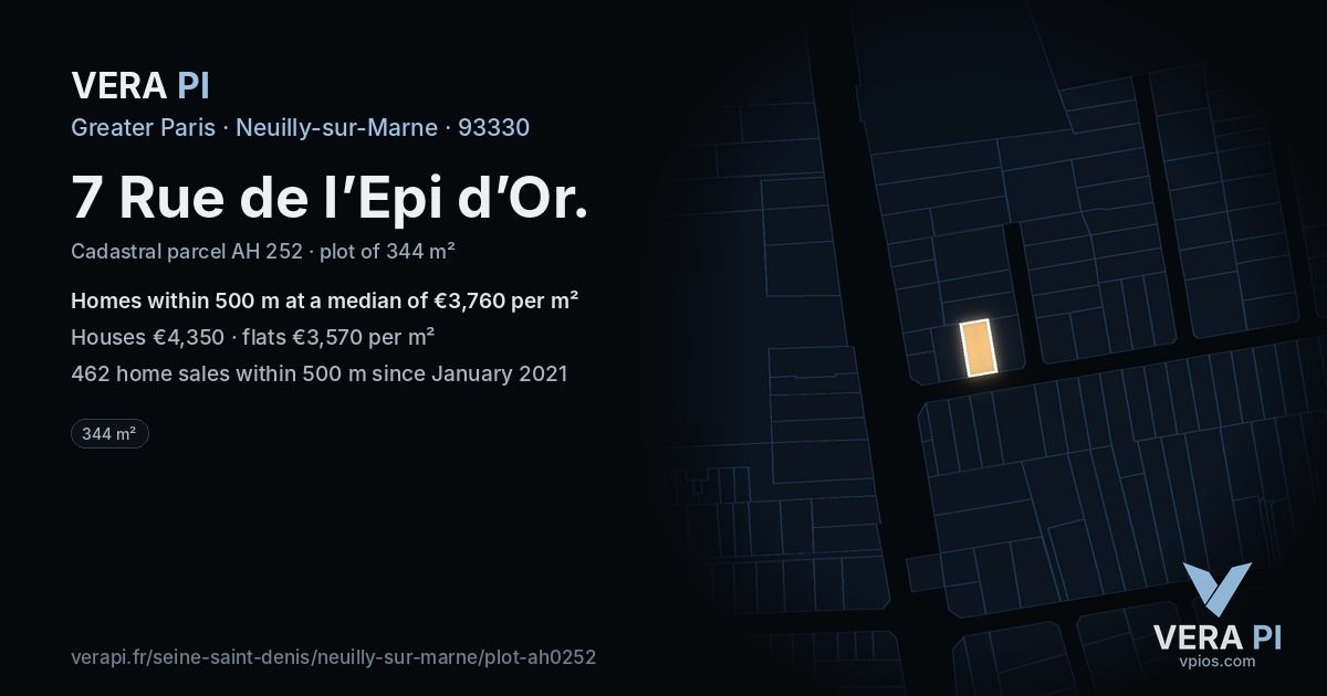 7 Rue de l’Epi d’Or, Neuilly-sur-Marne at night – the plot lit, the parcels around coloured by the prices near them